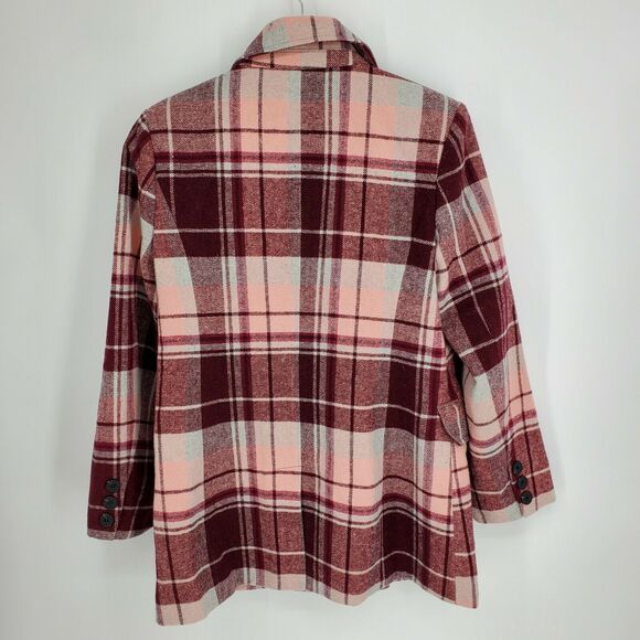 New 7 For All Mankind Double Breasted Pea Coat Pink Plaid Wool Blend Size Medium - Picture 2 of 4